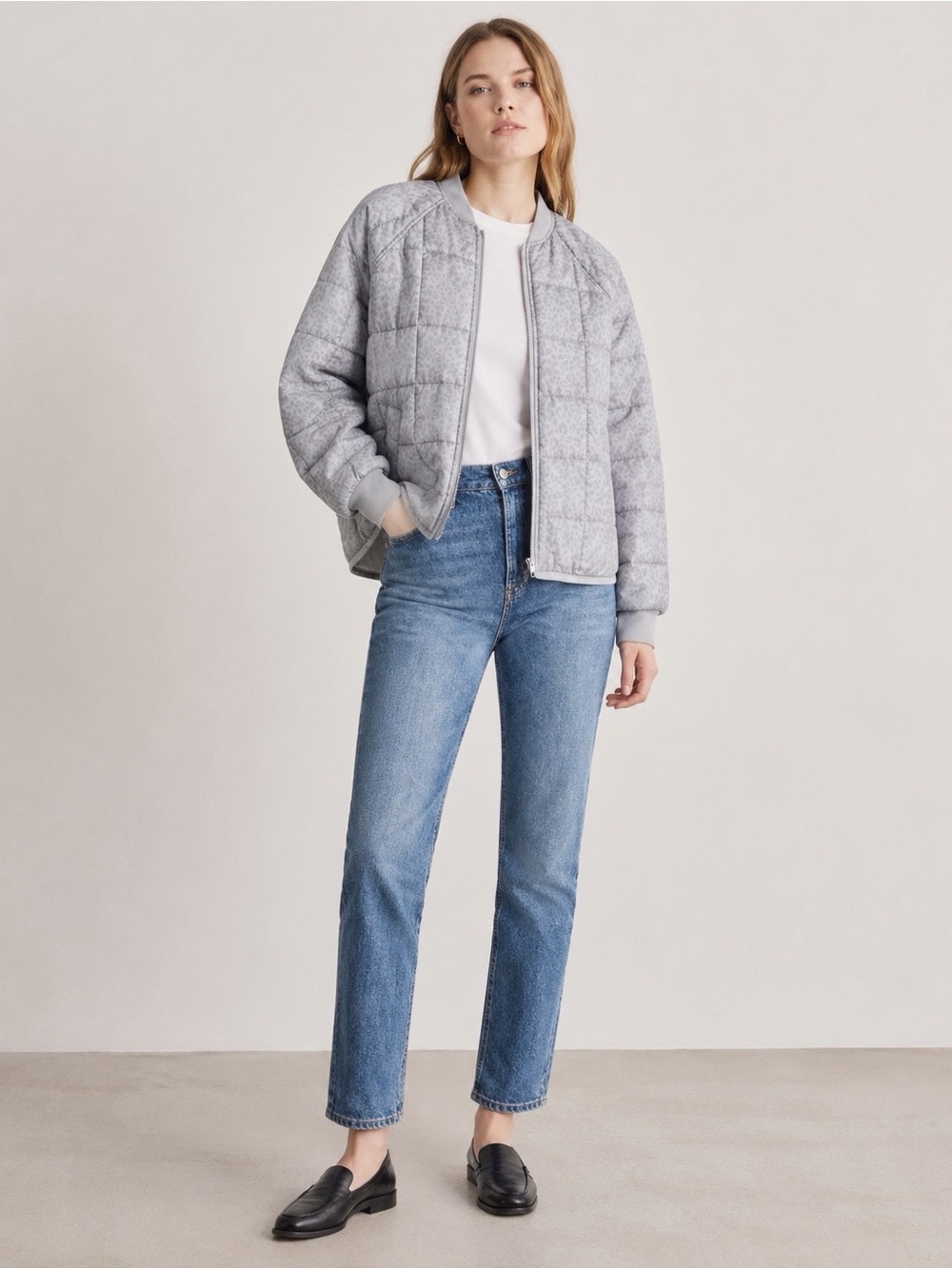GAP Woman Gray Leopard Print Relax Primaloft Quilted Jacket SMALL Preppy Chic